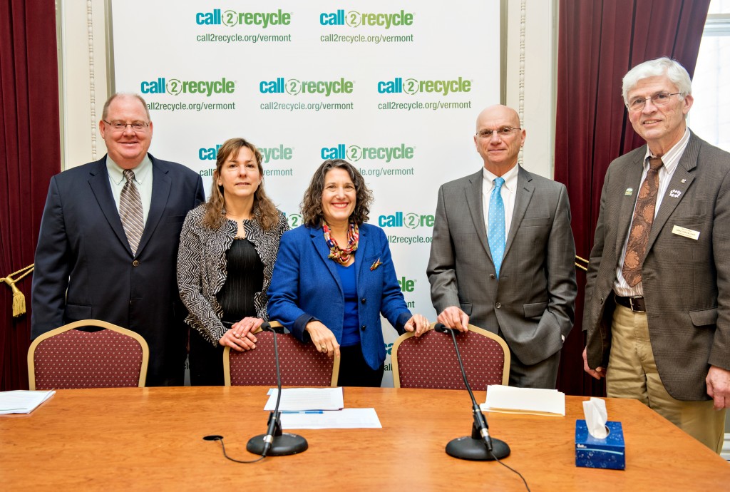 From Left to right, Chair of the Call2Recycle Board of Directors Andrew Sirjord, Product Stewardship Council's Jen Holiday, Secretary of ANR Deb Markowitz, State Rep. Tony Klein and State Rep. Mike Yantachka 