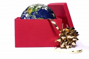 earth in a red gift box 